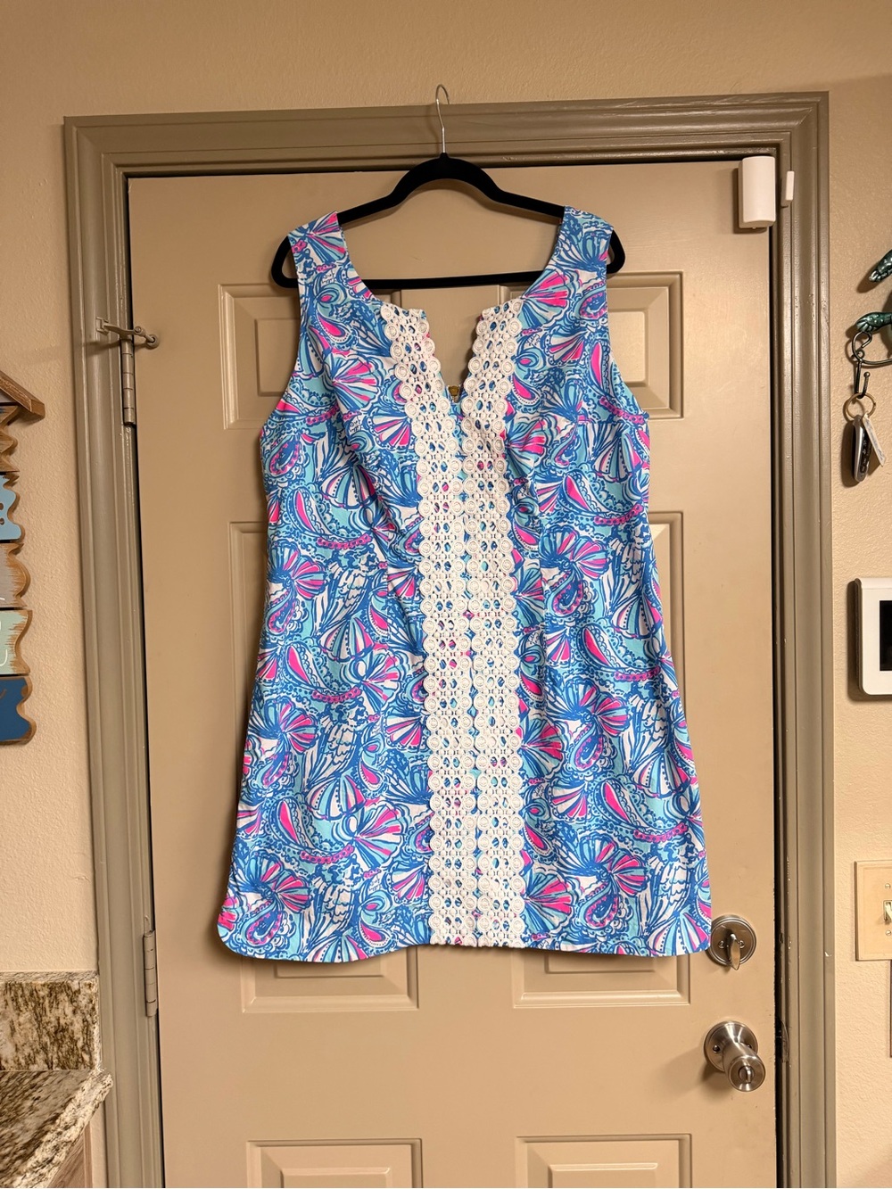 Lilly Pulitzer Blue & Pink Printed Shift Dress with Cream Lace Panel